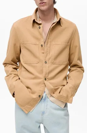 Mango Regular Fit Lyocell & Cotton Button-Up Overshirt in Beige at Nordstrom, Size Medium
