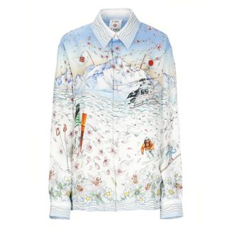 Casablanca Shirts, female, Multicolor, L, Light Blue Silk Shirt with Floral Print