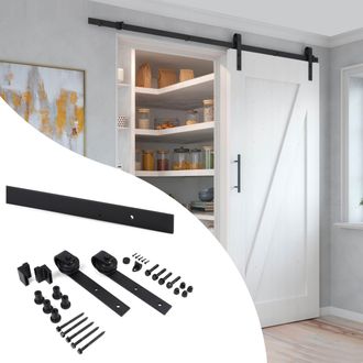 Emuca Kit De Herrajes Para Una Puerta Corredera Colgada De Madera Barn, Sin Cierre Suave, Tableros No Incluidos, Acero Y Pl&aacute;stico, Pintado Negro - Emuca
