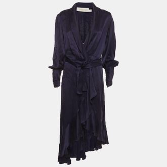 Zimmermann Navy Blue Satin Asymmetric Midi Wrap Dress