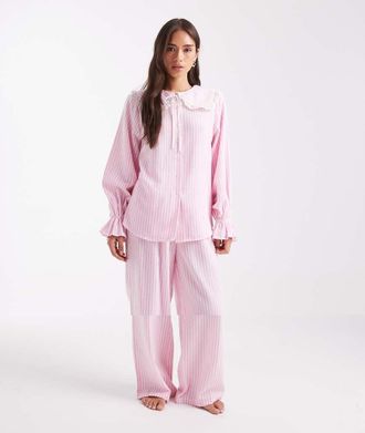 Miss Selfridge Pigiama in cotone rosa a righe con fondo ampio-Multicolore