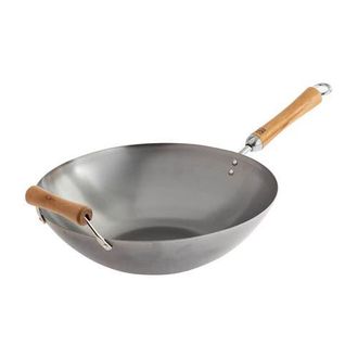 Joyce Chen Uncoated Carbon Steel Flat Bottom Wok with Birch Handles, 14-Inch in Metallic Silver at Nordstrom, Size Large