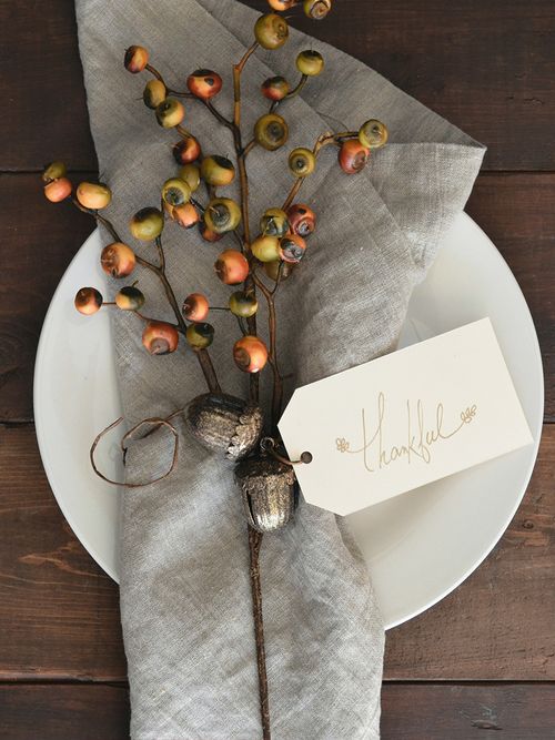 Weißer Teller der auf einem Holztisch steht mit einer grauen Serviette und einem Ast um den eine Schnur mit einer Karte auf der Thankful steht, liegt.