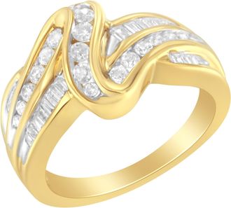 House of Brilliance 10K Yellow Gold 3/4 Cttw Channel Set Round and Baguette-cut Diamond Double Shank Bypass Ring