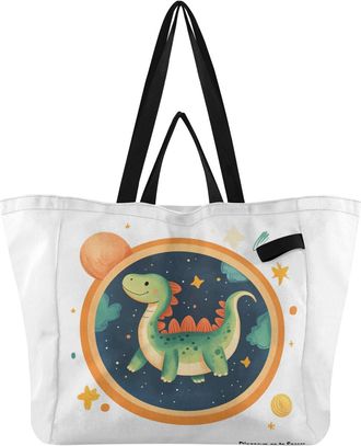 Generic Dinosaur Planet Stars Blue print Reusable Canvas Tote Bag, Heavy Duty Grocery Shopping Bag with Large Capacity Hard Bottom Double Handles Work Groceri