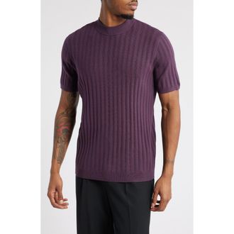 Open Edit Ribbed Short Sleeve Mock Neck Sweater in Purple Plum at Nordstrom, Size X-Large