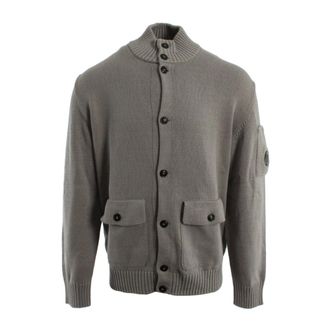 C.P. Company Cardigans, male, Gray, Size: 2XL Compact Cotton Lens Knit Cardigan