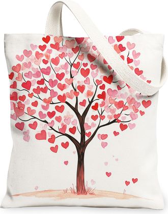 Generic Heart Tree Canvas Tote Bags, Floral Pattern Reusable Grocery Bags, Spring Vintage Stylish Lightweight Washable Shoulder Strap for Travel Beach Picnic 