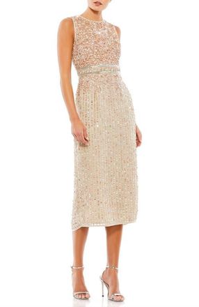Mac Duggal Sleeveless High Neck Beaded Midi Sheath Dress in Nude at Nordstrom, Size 16