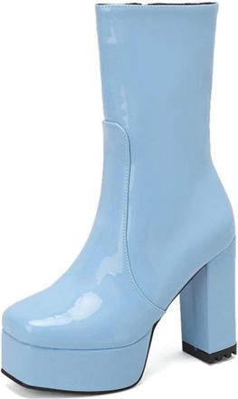 Generic Womens Chunky Heel & Platform Mid-calf Boots with Square Toe Side Zipper for Trendy Casual Wear,Blue,6.5 UK