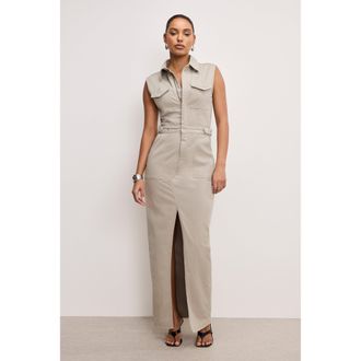 Good American Womens Fit For Sucess Twill Maxi Dress | Mushroom, Size Medium | Good American by Khlo&Egrave; Kardashian