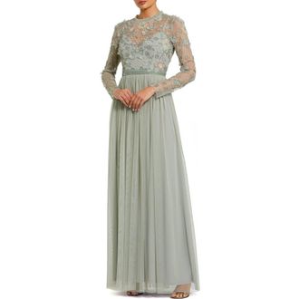 Mac Duggal Embellished Illusion High Neck Long Sleeve Gown in Sage at Nordstrom, Size 12