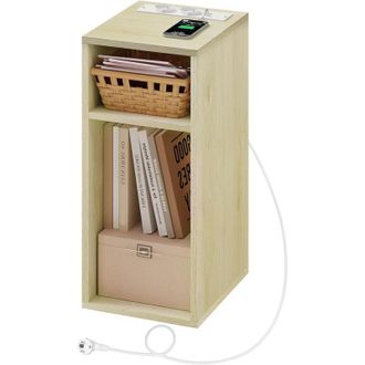 Woltu Woltu - 1 Mesita De Noche Con Enchufes De Carga, 2 Puertos Usb, 2 Enchufes, 2 Compartimentos Abiertos, Mesa De Almacenamiento, Roble Claro