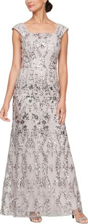 Alex Evenings Womens Long Sleeveless Embroidered Fit and Flare Dress with Square Neckline Special Occasion, Taupe, 14