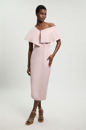Karen Millen Womens Polished Linen Blend Asymmetric Fold Detail Tailored Midi Pencil Dress - Light Pink Viscose - Size 14 UK