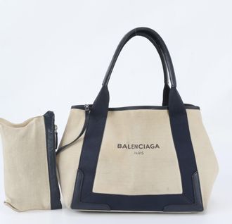Balenciaga Beige Navy Leather Canvas Handbag Pouch Shoulder Bag Tote Bag (Pre-Owned)