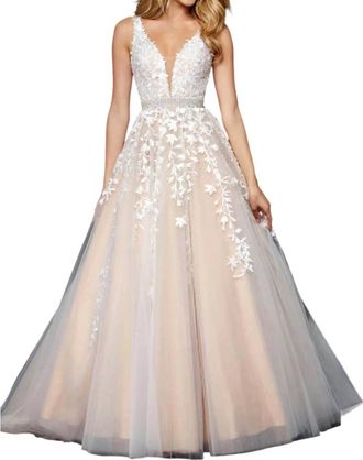 Sherri Hill Beaded Embroidered Tulle V Neck A Line Dress In Ivory Nude