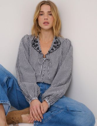Nobody's Child Black Gingham Embroidered Floral Collar Blouse