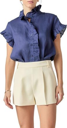 English Factory Ruffle Trim Linen Button-Up Shirt in Navy at Nordstrom, Size X-Small