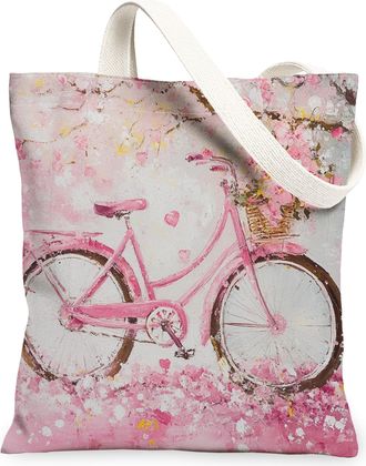 Generic Floral Bike Canvas Tote Bags, Vintage Peach Bicycles Pattern Reusable Grocery Bags, Spring Lightweight Washable Canvas for Travel Beach Picnic 13x15 I
