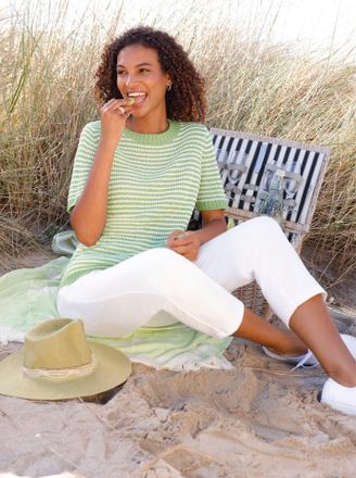 Casual Looks Kurzarmpullover CASUAL LOOKS Kurzarm-Pullover, Damen, Gr. 36, eucalyptus, ecru, geringelt, 50% Baumwolle, 50% Polyacryl, gemustert, mehrfarbig, Pullov