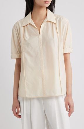 Theory Short Sleeve Cotton Blend Shirt in Almond - Vq9 at Nordstrom, Size X-Small