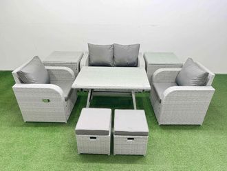 Fimous Light Grey PE Rattan Garden Furniture Set Reclining Chair 2 Side Table