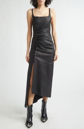 Paco Rabanne Drapp&eacute; Pression Asymmetric Lambskin Leather Midi Dress in Black at Nordstrom, Size 4 Us