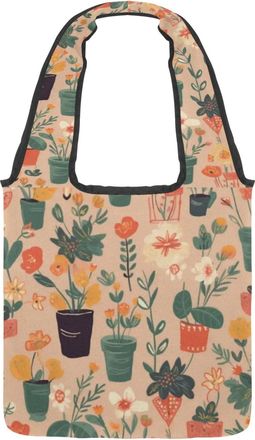 Generic Potted Flower Pattern Reversible Canvas Shoulder Tote - Double-Sided Print, 12oz Cotton, 27cm Drop, Fold-Flat Bag for Travel, Shopping, Street Outings
