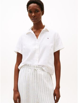 Tommy Hilfiger Womens Short-Sleeve Linen-Blend Shirt - White - XXL