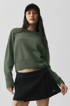 Alo | Wool Cashmere Cropped New Class Crewneck Sweater Top in Bamboo Green, Size: Large