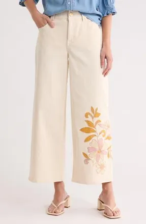 Democracy Floral Embroidered Ankle Wide Leg Jeans in Ecru at Nordstrom Rack, Size 14