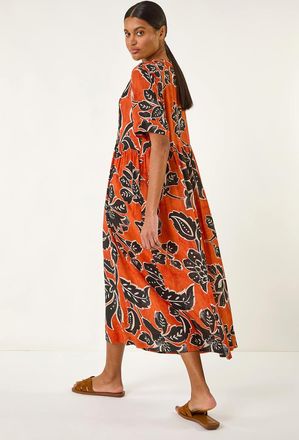 Roman Leaf Print Tie Front Midi Dress
