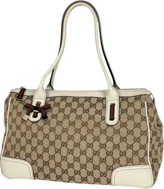 Gucci Gg Canvas Beige White Gg Canvas Leather Tote Bag (Pre-Owned)