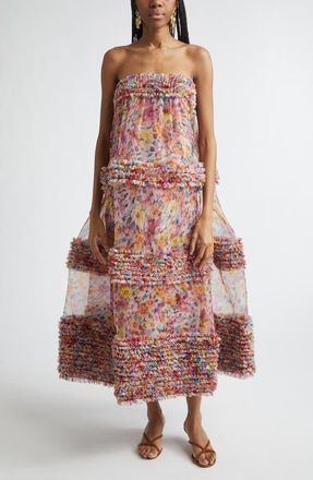 Zimmermann Kindred Spirit Luna Ruffle Bandeau Silk Organza Gown in Multi Floral at Nordstrom, Size 1