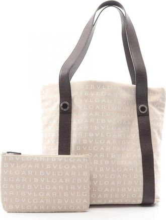 Bulgari Beige Brown Canvas Leather Handbag Tote Bag (Pre-Owned)