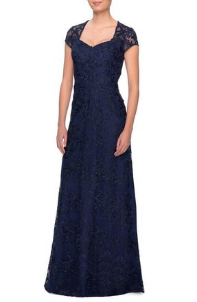 La Femme Cap Sleeve Floral Gown with Sweetheart Neckline in Navy at Nordstrom, Size 14