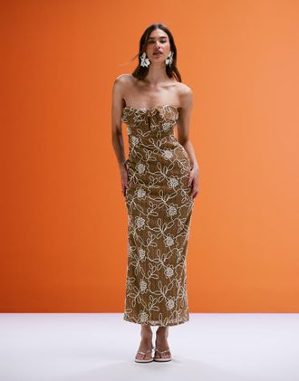 Asos Vestito midi a fascia incrociata beige alluncinetto con fiori ricamati-Neutro