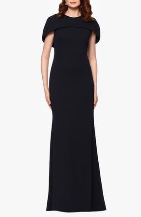 Betsy & Adam Cape Short Sleeve Scuba Crepe Gown in Black at Nordstrom Rack, Size 2