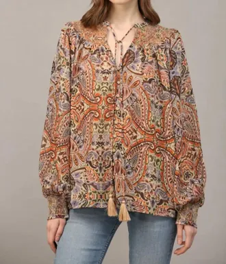 Fate Bohemian Paisley Print Lurex Chiffon Smocked Yoke Blouse In Taupe Multi