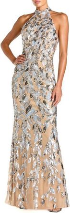 Mac Duggal Sequin Halter Column Gown with Open Back in Silver Nude at Nordstrom, Size 8
