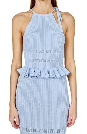endless rose Ruffle Knit Tie Neck Top in Powder Blue at Nordstrom, Size Medium