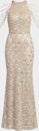 Mac Duggal Embellished Draped Column Gown