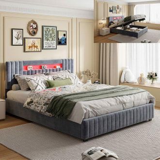 OEM Cama Lit 160x200 Cm De Terciopelo Gris - Hidr&aacute;ulica, Led Multicolor, Somier De Lamas, Cabecero