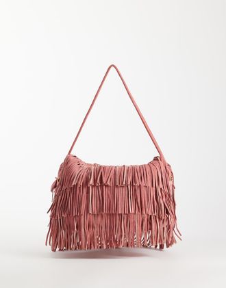 Asos Pochette in camoscio rosa polvere con frange e tracolla rimovibile