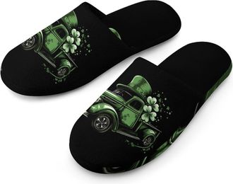 Generic St Patrick Day Truck Flannel Mens Slip-on Slippers Winter Warm House Shoes with Rubber Sole for Home Hotel