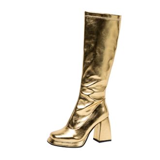 Generic Women Knee High Metallic PU Leather Round Toe Fashion Boots Platform Block Heels Side Zip Glossy Solid Color Comfortable Durable,Gold,7.5 UK