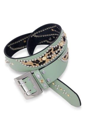 mnml Leopard Stud Leather Belt in Sage/Cheetah at Nordstrom, Size Medium