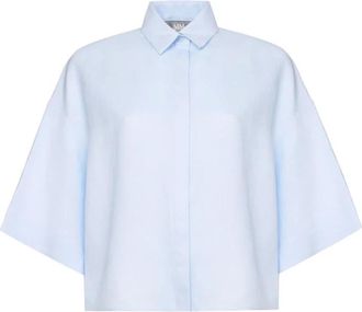 Max Mara Wijde Cropped Linnen Blouse - Dames - Overhemden - Blauw - L - Linnen - Overhemden
