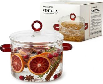KASANOVA Pentola 2 L vetro borosilicato con coperchio manici rossi